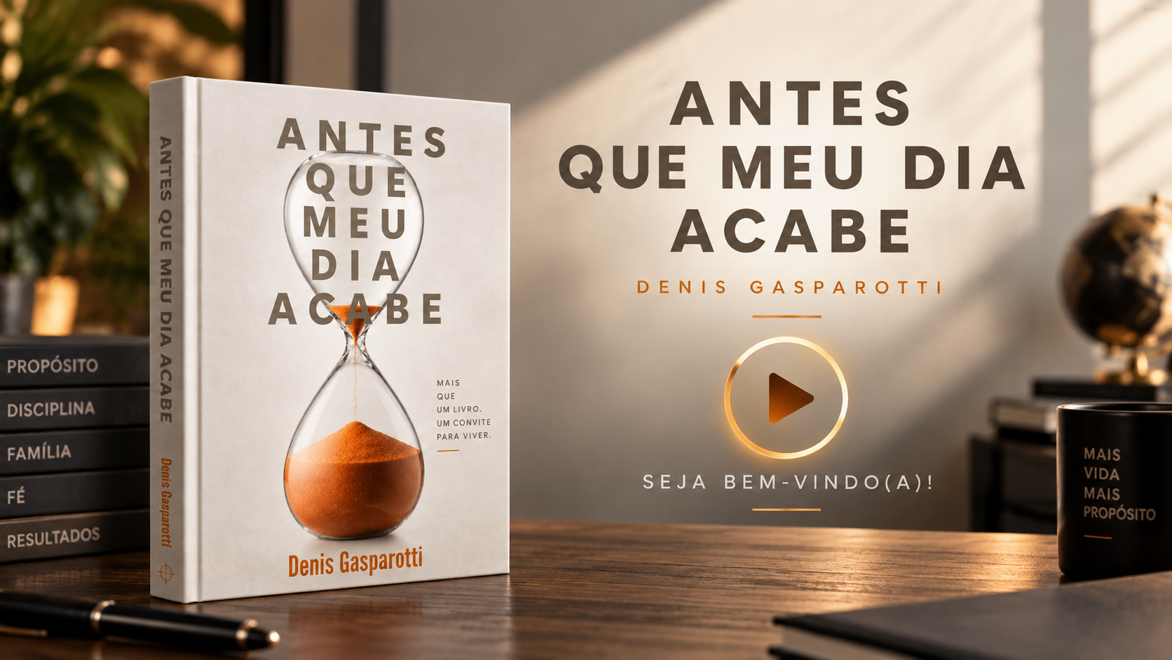 Livro Antes Que Meu Dia Acabe, de Denis Gasparotti, sobre uma mesa de madeira
